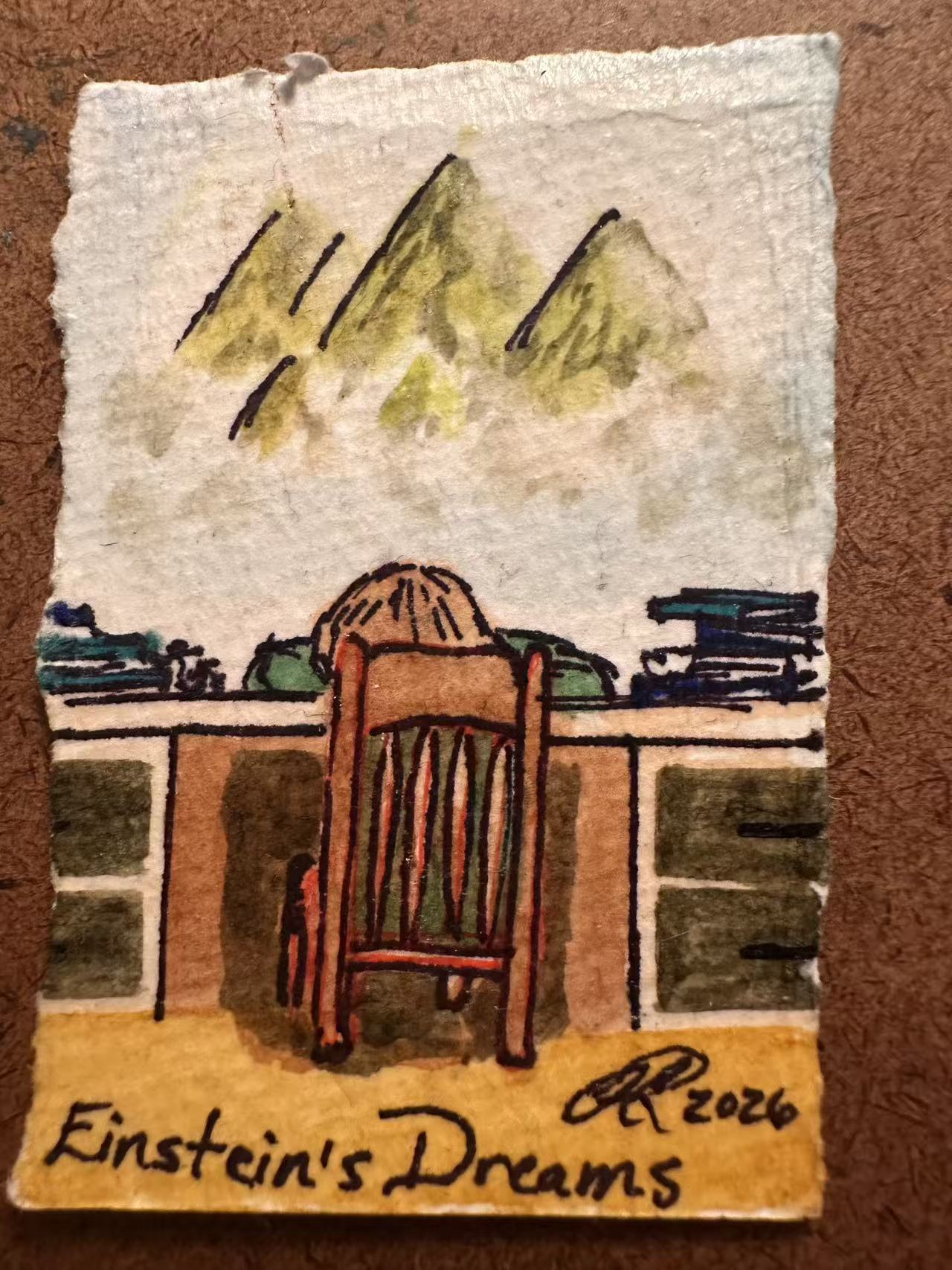 Chair and mountain artwork inspired by Einstein's Dreams