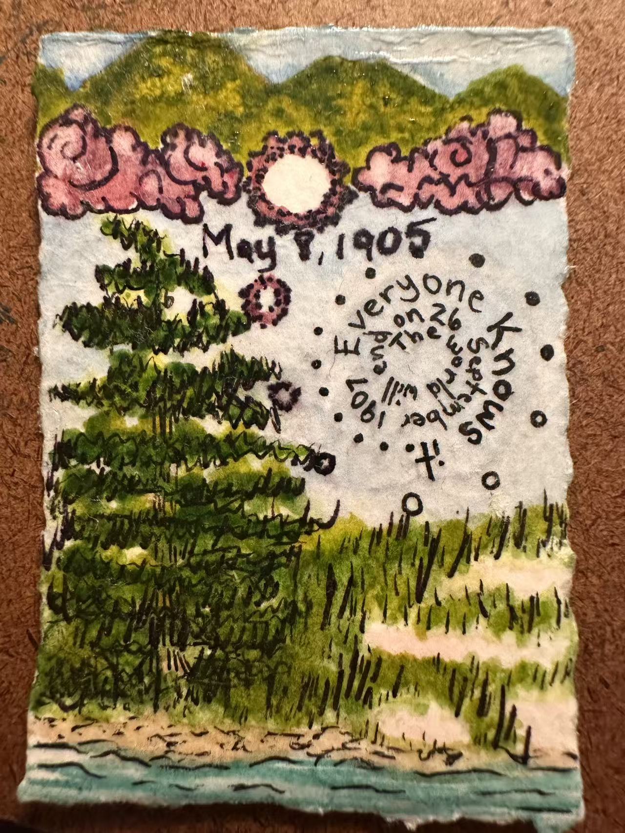 Green landscape artwork inspired by Einstein's Dreams